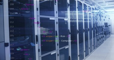 Displaying server rack cabinets with LED lights in data center corridor, with code overlay text. Technology, infrastructure, networking, cybersecurity, data, industrial, futuristic