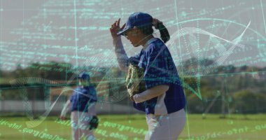 Adjusting cap woman in uniform with glove on baseball field, with digital code overlay, copy space. Athletic, teamwork, technology, innovation, outdoor, vitality, sport