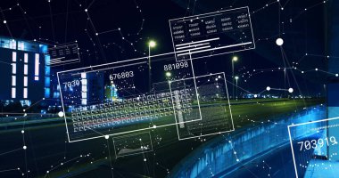 Displaying translucent HUD panels, network nodes hovering above highway at night with city lights. Futuristic, cybersecurity, technology, urban, innovation, data, digital