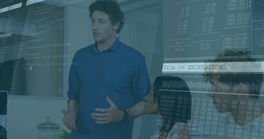 Delivering presentation man in blue shirt speaking in modern conference room, with code overlays. Professional, collaboration, innovation, digital, modernity, corporate, teamwork