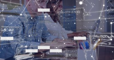 Coworkers wearing casual business attire analyzing data on laptop in office with network overlay. Collaboration, teamwork, digital, technology, innovation, data, connectivity