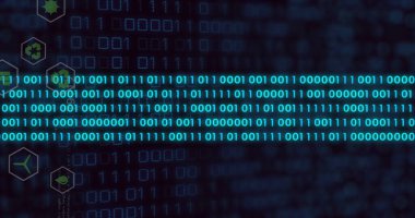 Yeşil altıgen simgeleriyle dijital veri ağı arayüzü üzerinde çalışan parlayan Cyan ikili çizgisi. Teknoloji, siber güvenlik, veri, yenilik, fütürizm, ağ, çevre