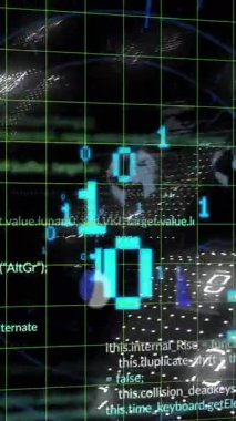 Şebeke üzerinde veri işleme ve ikili kodlama animasyonu. Dijital olarak oluşturulmuş küresel bilgisayar ve veri işleme kavramı.