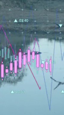 Ağaçlar ve göl manzarası ile ilgili veri işleme animasyonu. Bilgisayar arayüzü ve iş veri teknolojisi kavramı