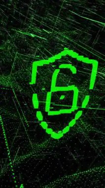 Kalkandaki asma kilidin canlandırılması, aydınlatılmış veri sunucu sistemleri üzerindeki çizgiler ve dinamik dalgalar. Dijital bileşik, koruma, veri, bağlantı, veri merkezi, ağ, teknoloji ve ağ sunucusu.