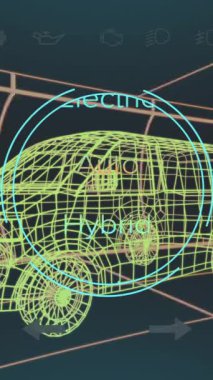 Metinlerle hız göstergesinin animasyonu, siyah arkaplana karşı minibüsün 3 boyutlu modelini değiştirmesi. Dijital olarak üretilmiş, hologram, illüstrasyon, ölçüm, ulaşım ve teknoloji kavramı.