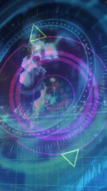 Animation of neon round scanner and light trails against city traffic at night. Computer interface and business technology concept