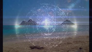 Kaybolan ağ küresi yanıp sönen düğümler ızgarayı oluşturuyor. Çeviriyor ve bağlantıyı görselleştirmek için nabız atıyor. Teknoloji, bağlantı, dijital, yenilik, fütürist, ağ, veri