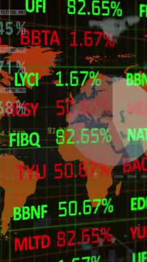 Dünya haritasında kara zemine karşı istatistiksel ve borsa veri işleme animasyonu. Küresel ekonomi ve iş teknolojisi kavramı