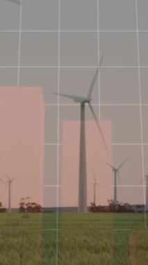 Çayır üzerinde gri gökyüzüne karşı dönen yel değirmeninin istatistiksel veri işleme animasyonu. Yenilenebilir enerji ve iş veri teknolojisi kavramı