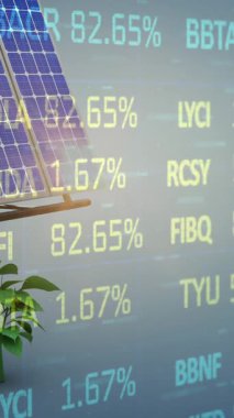 Mavi arka planda yeşil bitkilerle güneş paneli üzerinden finansal veri işleme animasyonu. Dijital olarak üretilen küresel sürdürülebilirlik, iş, yeşil ve güneş enerjisi kavramı.