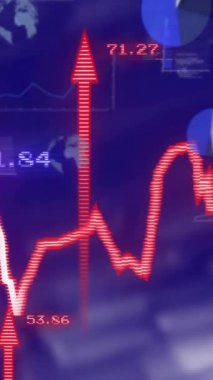 Finansal veri işleme animasyonu ve mavi arkaplan üzerindeki oklar. Dijital olarak oluşturulmuş küresel bağlantılar, hesaplama ve veri işleme kavramı.