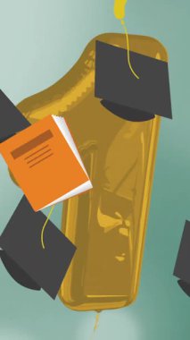 Mezuniyet keplerinin ve kitapların numaralar ve yeşil arkaplandaki ışık noktalarının animasyonu. eğitim ve öğrenme kavramı dijital olarak oluşturulmuş video.