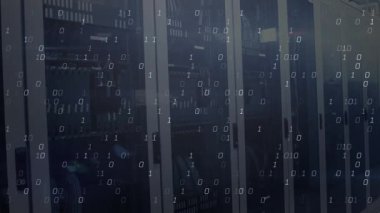 Başlangıç sinyalinde, koridordaki sunucu dolapları veri akışını eşleyen ikili haneli akış rakamlarını gösterir. Teknoloji, veri, siber güvenlik, dijital, ağ, altyapı, yenilik