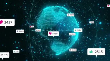 Cyan küresi simgelerle dönüyor. Güncellemeler, yörüngeler boyunca yapılan güncellemeler çarpışmayı gösteriyor. Dijital, fütürist, minimalist, küresel, veri, analitik, teknoloji