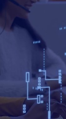 Kulaklıkla çalışan müşteri hizmetleri temsilcileri, dijital ağ animasyonu. Çağrı merkezi, destek, teknoloji, iletişim, iş, takım çalışması