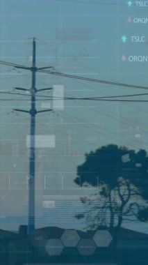 Elektrik hatları ve şehir manzarası üzerinde borsa veri animasyonu. Finans, hisse senetleri, şehir manzarası, ekonomi, dijital, elektrik