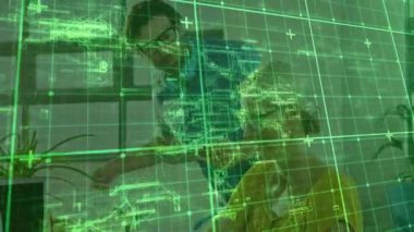 Tasarımcı, rafine tasarımı yazarken dijital ızgara kaplamasını etkinleştiriyor. İşbirliği, teknoloji, arayüz, yenilik, profesyonellik, mimarlık, fütüristik