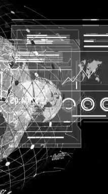 Siyah zemin üzerinde ekran ve veri işleme animasyonu. Dijital olarak oluşturulmuş küresel yapay zeka, bağlantılar, hesaplama ve veri işleme kavramı.