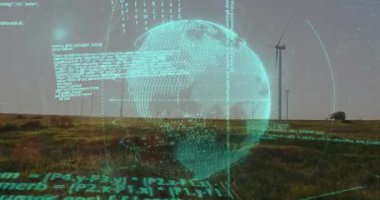 Türbinlerin üzerinde parlayan hologram beliriyor, veri ağını gösteren kod halkalarını döndürüyor. Gelecekçi, dijital, teknoloji, yenilik, eko, enerji, görselleştirme