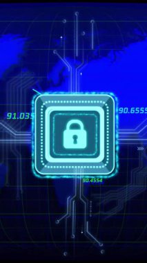 Dijital kilit simgesi ve dünya haritası arkaplanındaki animasyon koordinatları. Siber güvenlik, koruma, küresel, güvenlik, teknoloji, ağ