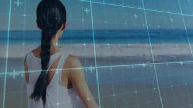 Kadın sağlık için meditasyona girerken plaj izleme duruşu boyunca görünen ızgara örtüsü. Sağlık, farkındalık, dinginlik, dijital, sükunet, rahatlık, ahenk