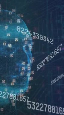 Animation of digital screen with data processing, connections and head model on navy background. Digital interface, data processing and technology concept digitally generated video.