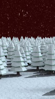 Beyaz köknar ağaçları ve kış manzarasının üzerine düşen kar animasyonu. Noel, kış, gelenek ve kutlama konsepti dijital olarak oluşturulmuş video.