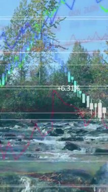 Açık gökyüzüne karşı ormanda birden fazla grafik animasyonu. Dijital bileşik, çoklu pozlama, rapor, finans, iş dünyası, veritabanı, orman, nehir ve doğa kavramı.
