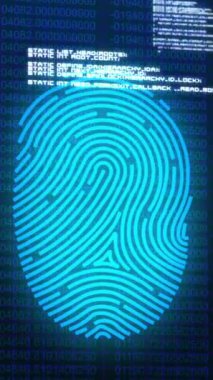 Siyah arkaplanda parmak izi ve veri işleme animasyonu. küresel iletişim, veri işleme ve dijital arayüz kavramı, dijital olarak oluşturulmuş video.