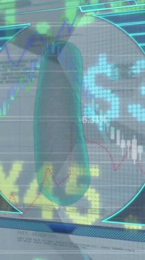 Gri arka planda dijital arayüz ve borsa veri işlemesinin animasyonu. Küresel ekonomi ve bilgisayar arayüzü teknolojisi kavramı