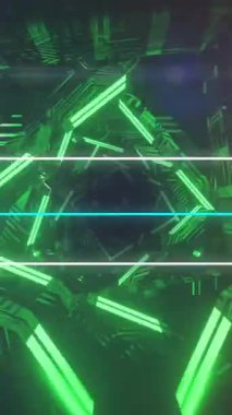Tünel oluşturma, geometrik şekiller ve neon ışıklar canlı animasyon yaratıyor. Soyut, fütürist, dijital, modern