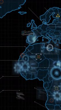 Veri işleme animasyonu ve kara arka planda dünya haritası. Küresel iş ve dijital arayüz kavramı dijital olarak oluşturulmuş video.