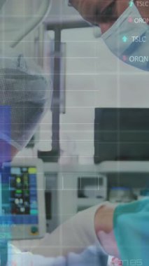 Stock market data processing over male and female surgeons performing operation at hospital. Medical healthcare and technology concept