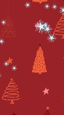 Çoklu yıldız simgeleri birden fazla yıldıza ve kırmızı arkaplanda Noel ağacı simgelerine çarpıyor. Noel şenliği ve kutlama konsepti