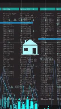 Bilgisayar ekranlarında iş simgeleri ve dijital veri işleme animasyonları. Dijital olarak oluşturulmuş küresel bağlantılar, hesaplama ve veri işleme kavramı.