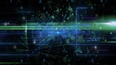 Yeşil ışın mavi ışının kesiştiği sayısal parçacıklar verileri gösteren ızgara koridorunu sarmalıyor. Fütürist, dijital, siber uzay, soyut, neon, yüksek teknoloji, dalgın