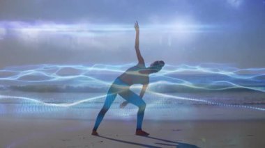 Yoga pratisyeni, dijital sağlık dalgaları yoğunlaşırken kumsalda nefes alıp kolunu kaldırıyor. Huzur, farkındalık, meditasyon, doğal manzara, dijital sanat, dinginlik, sağlık