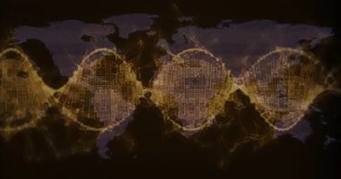 Harita boyunca uzanan ve veri akışını gösteren sol dalga titreşim ızgara küreleri ortaya çıkan altın küme. Coğrafi, siber güvenlik, teknoloji, yenilik, fütürizm, dijital, bağlantı