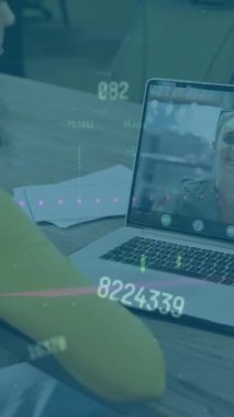 Animation of financial data processing over caucasian businesswoman on video call. Global business, communication, digital interface and data processing concept digitally generated video.