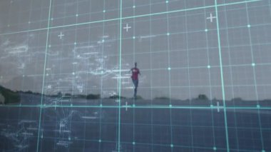 Erkek koşucu dijital şebekeye giriyor ve verileri takip ederken teknik verileri başlatıyor. Atletik, yenilik, fütüristik, performans, canlılık, hareket, teknoloji