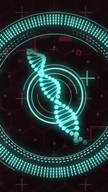 Diyagramlar ve veri işleme üzerinde DNA iplikçikli tarama alanı animasyonu. Teknoloji, iş ve dijital arayüz kavramı dijital olarak oluşturulmuş video.