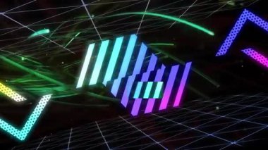 Karanlık boşluk 3 boyutlu kablo şebekesini ortaya çıkarıyor, şekiller dönüşümlü birleşim geometriyi gösteriyor. Fütürist, soyut, kinetik, dijital sanat, hareket grafikleri, sibernetik, canlı