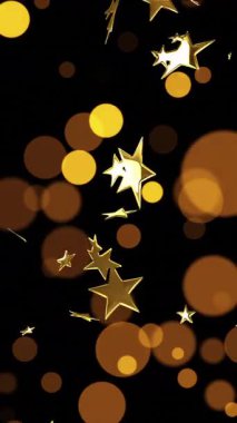 Altın yıldızlar ve siyah arka planda yüzen daireler büyülü animasyonlar yaratıyor. ışıl ışıl, gece, fantezi, dekorasyon, soyut