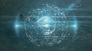 Holografik küre cisimlenip teknoloji veri akışını gösteren Paddler pervaneli kano. Dijital, fütüristik, sürükleyici, yenilik, bağlantı, soyut, canlı