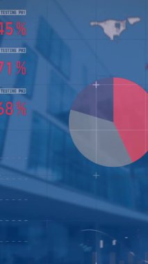 Yüksek binalarda istatistiksel veri işleme animasyonu. Bilgisayar arayüzü ve iş veri teknolojisi kavramı