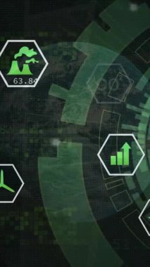 Ekolojik simgelerin animasyonu, tarama alanı üzerinden veri işleme. Dijital olarak oluşturulmuş küresel bağlantılar, hesaplama ve veri işleme kavramı.