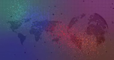 Parçacıklar, genetik akış için dünya haritası üzerinde dönüşümlü dijital DNA sarmalı oluşturarak sola yakınlaşıyor. Global, teknoloji, animasyon, yenilik, bilim, fütüristik, bağlantı