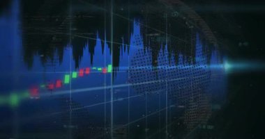 Yükselen mavi dalga biçimi, dönen küre, piyasa değişimlerini gösterirken titreşiyor. Teknoloji, finans, analitik, veri görselleştirme, dijital, gelecekçi, siber güvenlik