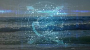 Deniz dalgaları üzerinde soluk dairesel arayüz, dönen 3D halkalar, titreşen düğümler, görselleştirilen veriler. Gelecekçi, siber, teknoloji, bağlantı, dijital, deniz, soyut